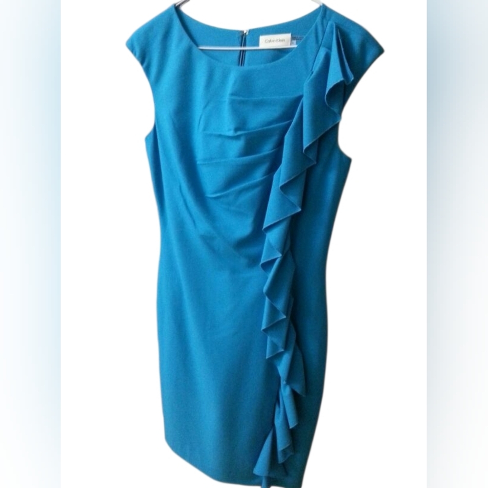 ✨️💲⬇️ Calvin Klein 4 Sheath Elegant Work Dress S Small Ruffle Front - Picture 9 of 9